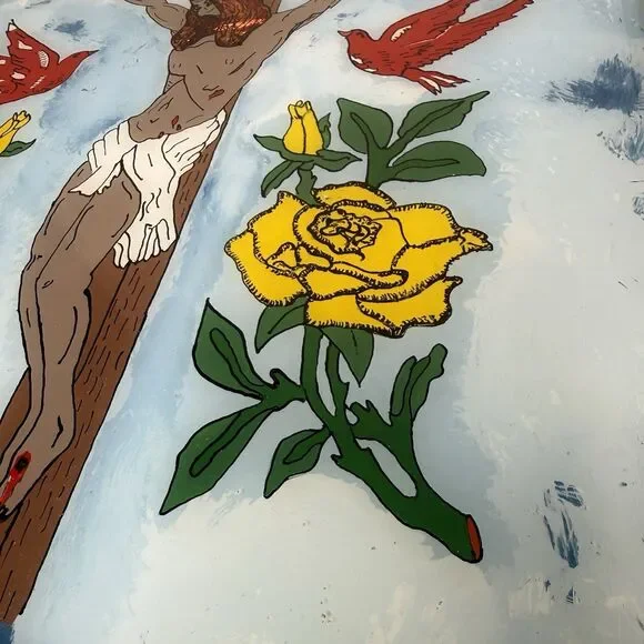 Vintage 1977 Attica Prison Inmate Folk Art Hand Painted Glass Jesus Crucifixion - Picture 4 of 16